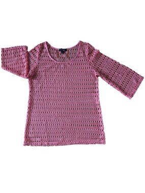 CAL STYLE Open Weave Knit Long Bell Sleeves Scoop Neck Salmon Coral Color